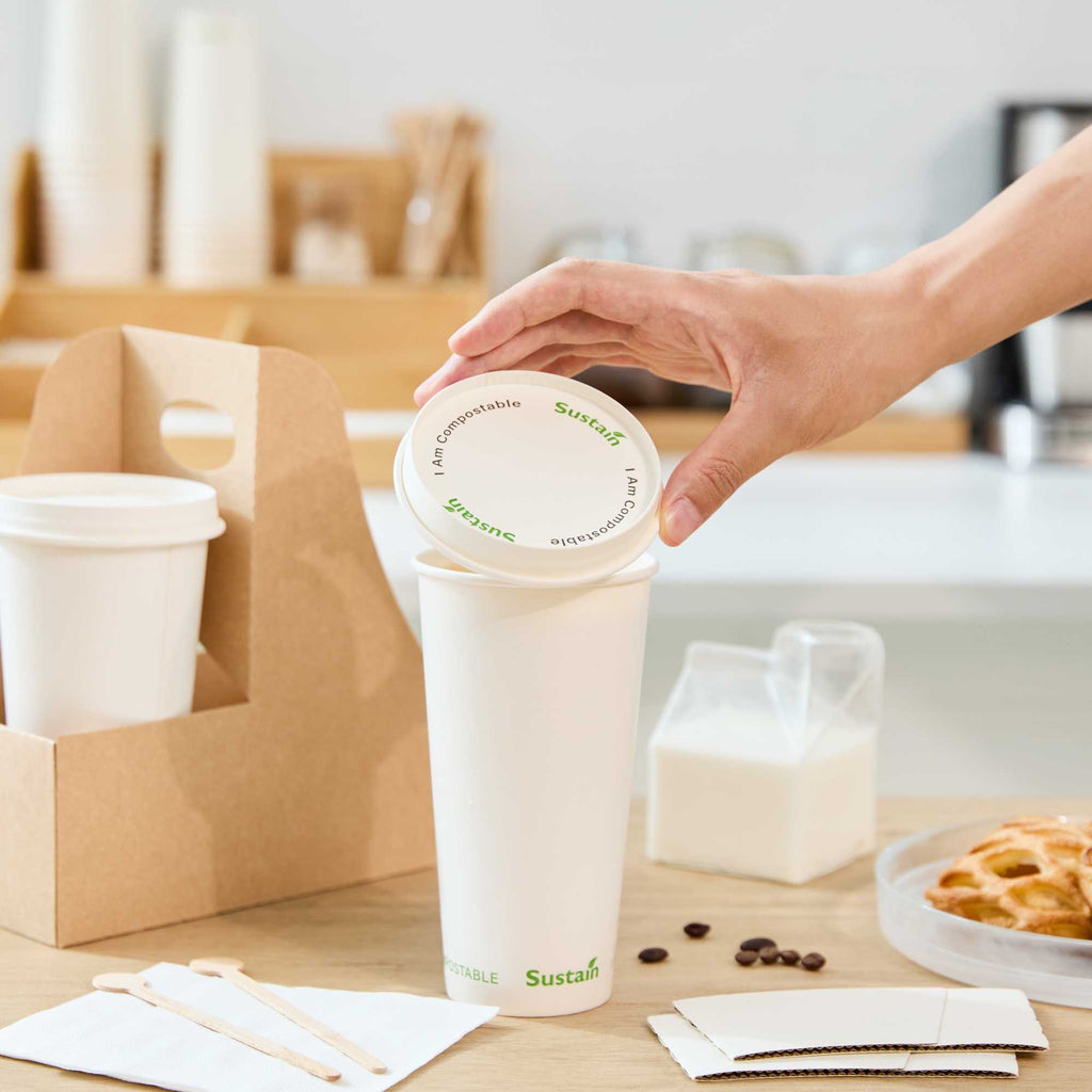 Sustain White Paper Cold Cup Flat Lid - Fits 9, 12, 16, 20 and 22 oz, PLA Lining, Compostable - 50 count box
