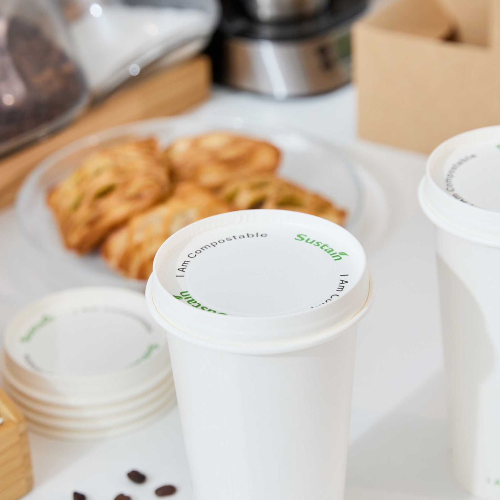 Sustain White Paper Cold Cup Flat Lid - Fits 9, 12, 16, 20 and 22 oz, PLA Lining, Compostable - 50 count box