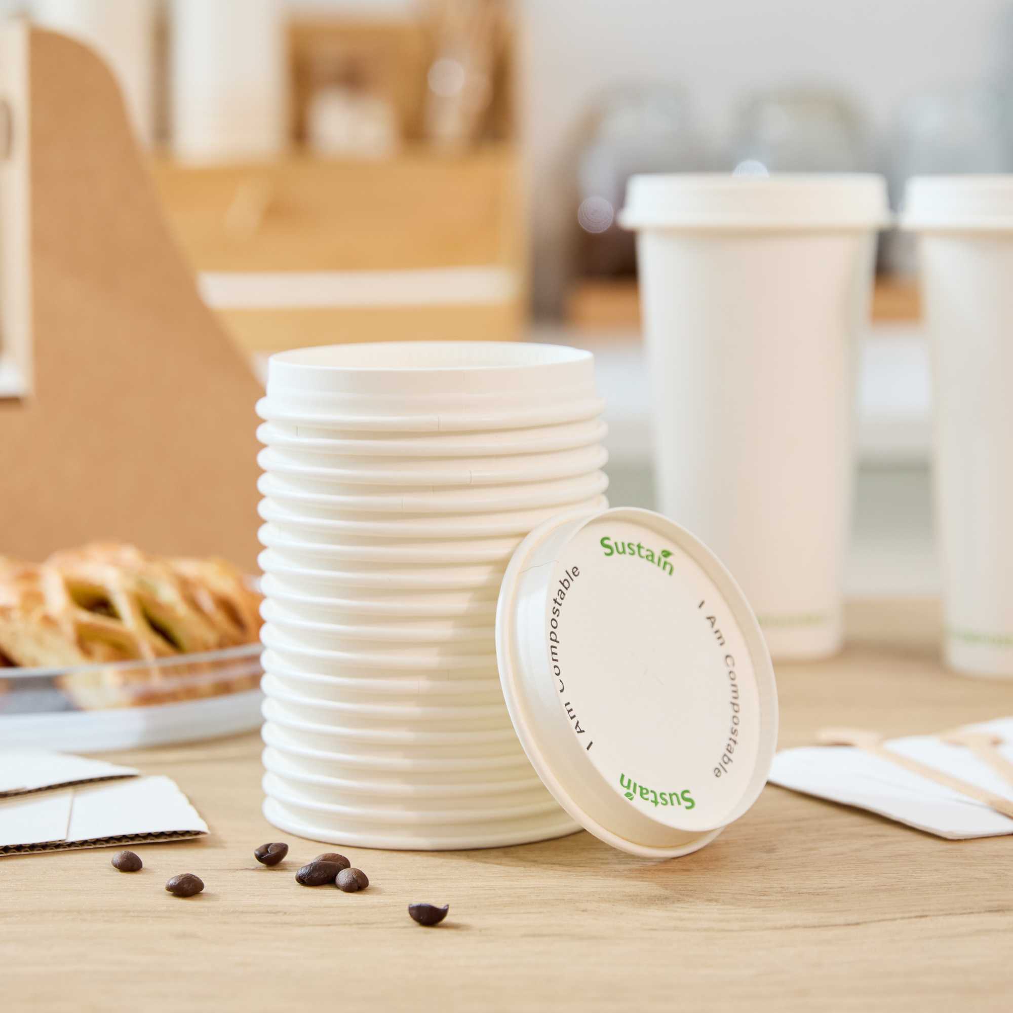 Sustain White Paper Cold Cup Flat Lid - Fits 9, 12, 16, 20 and 22 oz, PLA Lining, Compostable - 50 count box