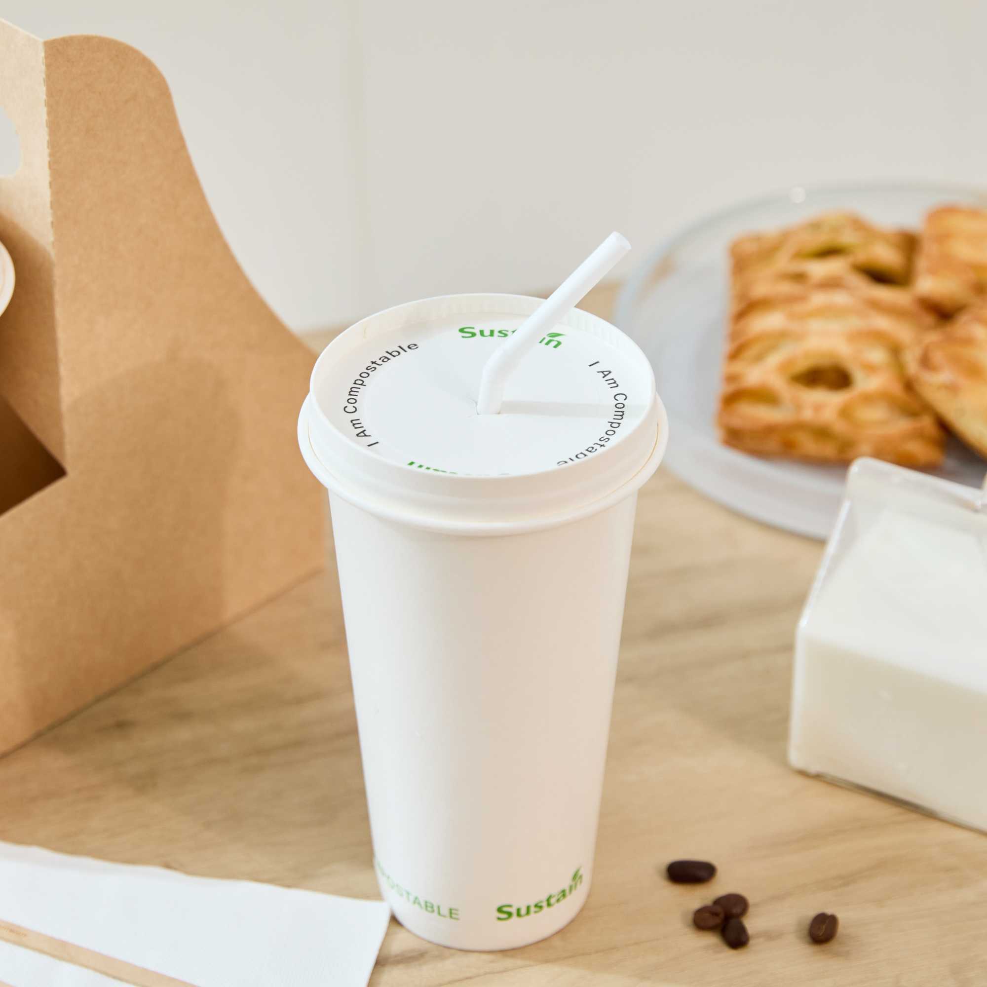 Sustain White Paper Cold Cup Flat Lid - Fits 9, 12, 16, 20 and 22 oz, PLA Lining, Compostable - 50 count box
