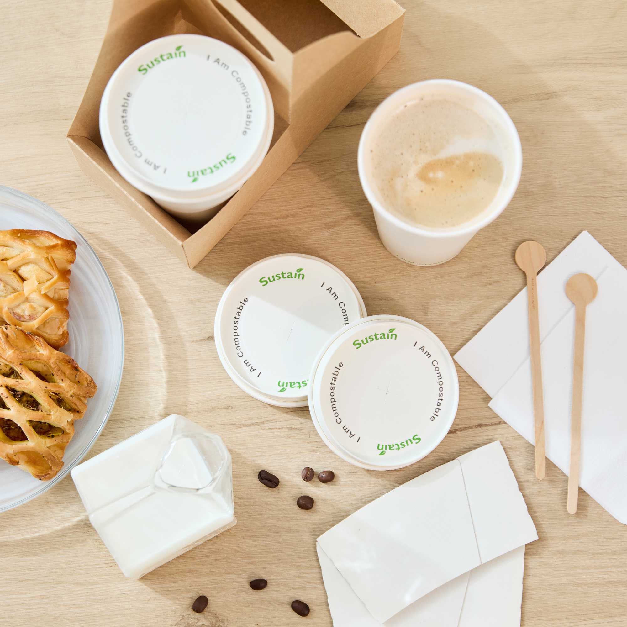 Sustain White Paper Cold Cup Flat Lid - Fits 9, 12, 16, 20 and 22 oz, PLA Lining, Compostable - 50 count box
