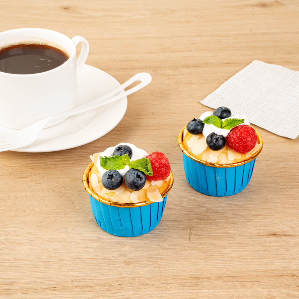 Panificio 3.5 oz Round Blue Foil Paper Baking Cup - Lids Available - 2 3/4" x 2 3/4" x 1 1/2" - 50 count box