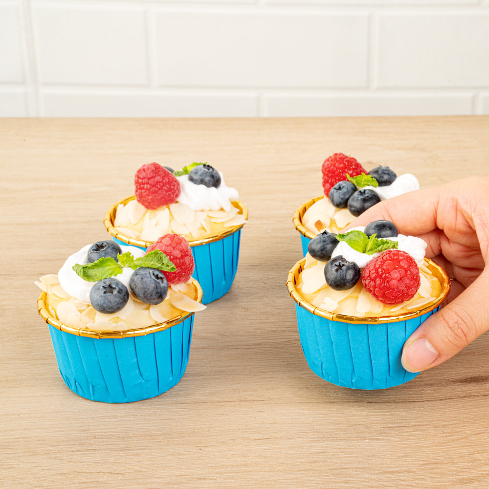 Panificio 3.5 oz Round Blue Foil Paper Baking Cup - Lids Available - 2 3/4" x 2 3/4" x 1 1/2" - 500 count box