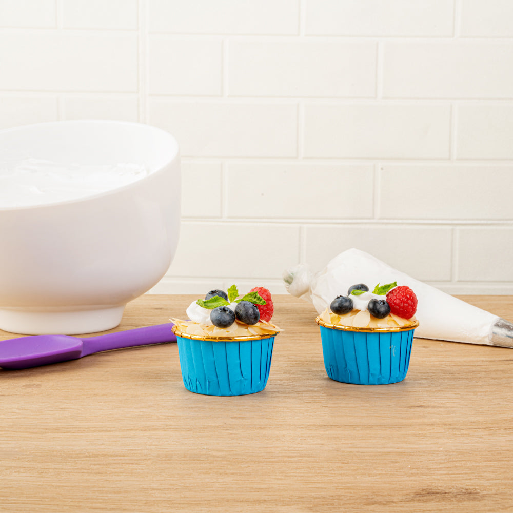 Panificio 3.5 oz Round Blue Foil Paper Baking Cup - Lids Available - 2 3/4" x 2 3/4" x 1 1/2" - 500 count box