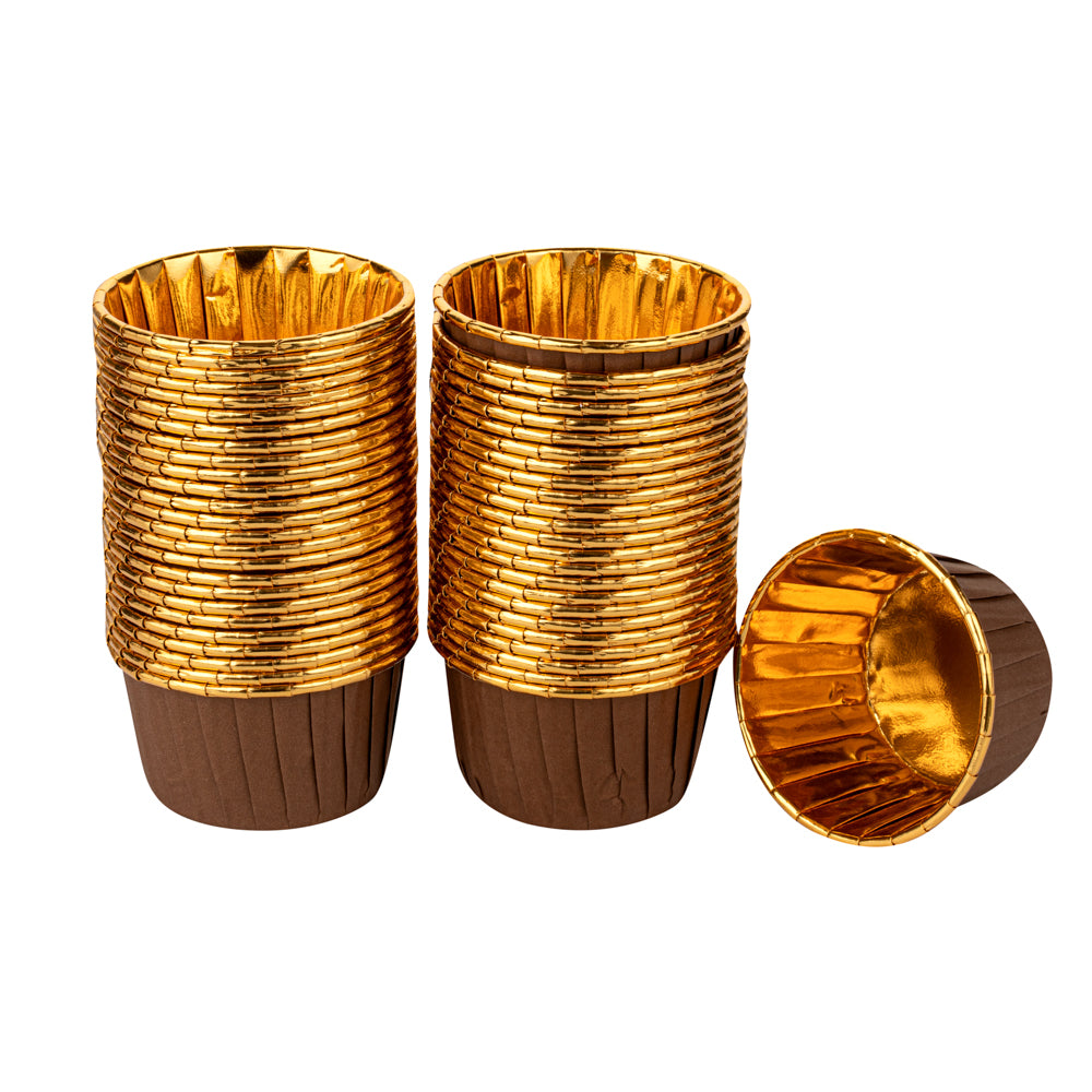Panificio 3.5 oz Round Brown Foil Paper Baking Cup - Lids Available - 2 3/4" x 2 3/4" x 1 1/2" - 50 count box