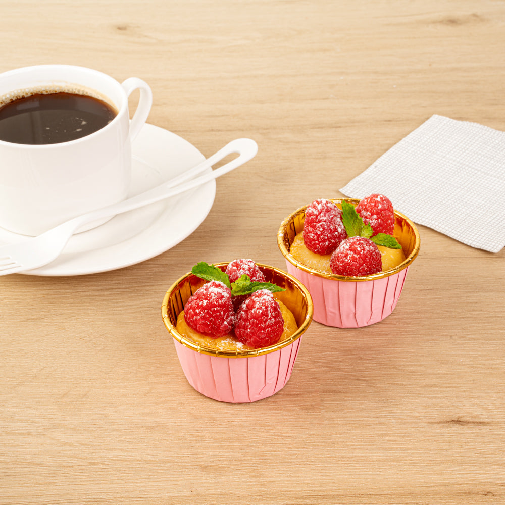 Panificio 3.5 oz Round Pink Foil Paper Baking Cup - Lids Available - 2 3/4" x 2 3/4" x 1 1/2" - 500 count box