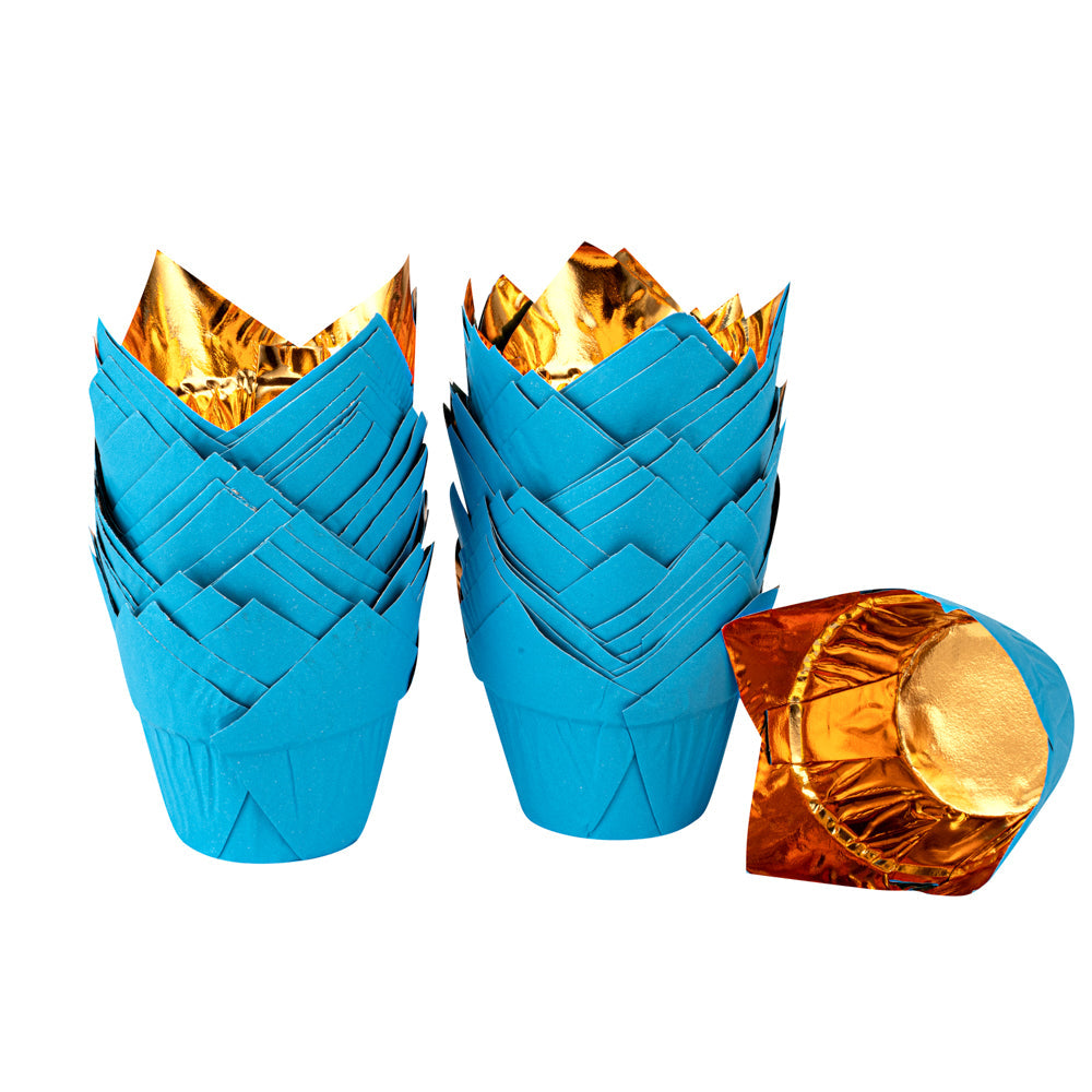 Panificio 3.9 oz Blue Foil Paper Tulip Baking Cup - 3 1/4" x 3 1/4" x 2 3/4" - 50 count box