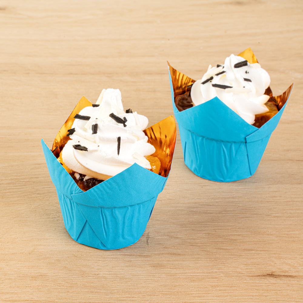Panificio 3.9 oz Blue Foil Paper Tulip Baking Cup - 3 1/4" x 3 1/4" x 2 3/4" - 50 count box