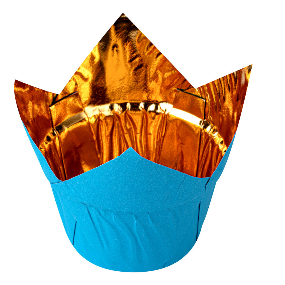 Panificio 3.9 oz Blue Foil Paper Tulip Baking Cup - 3 1/4" x 3 1/4" x 2 3/4" - 50 count box