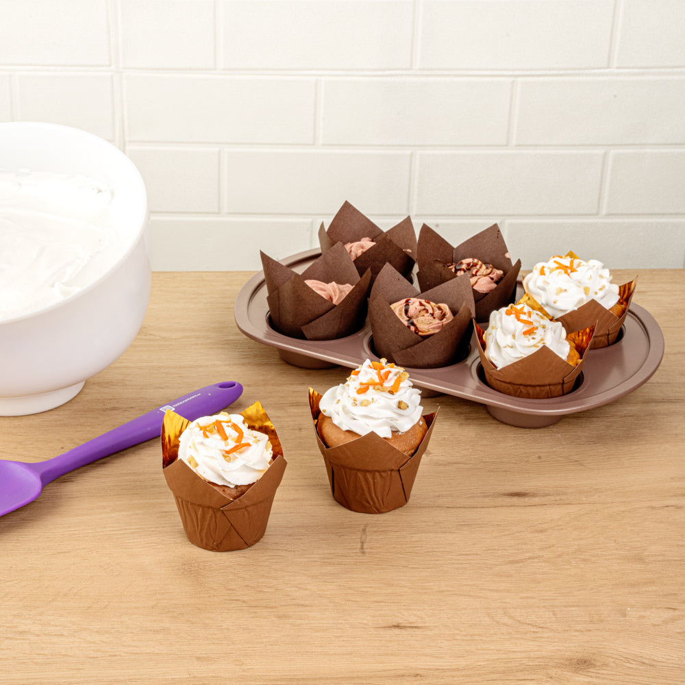 Panificio 3.9 oz Brown Foil Paper Tulip Baking Cup - 3 1/4" x 3 1/4" x 2 3/4" - 50 count box