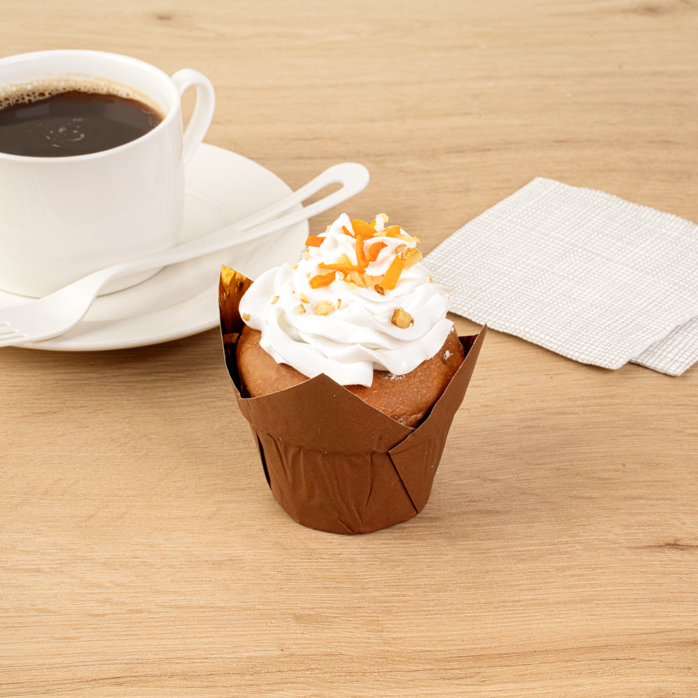 Panificio 3.9 oz Brown Foil Paper Tulip Baking Cup - 3 1/4" x 3 1/4" x 2 3/4" - 50 count box