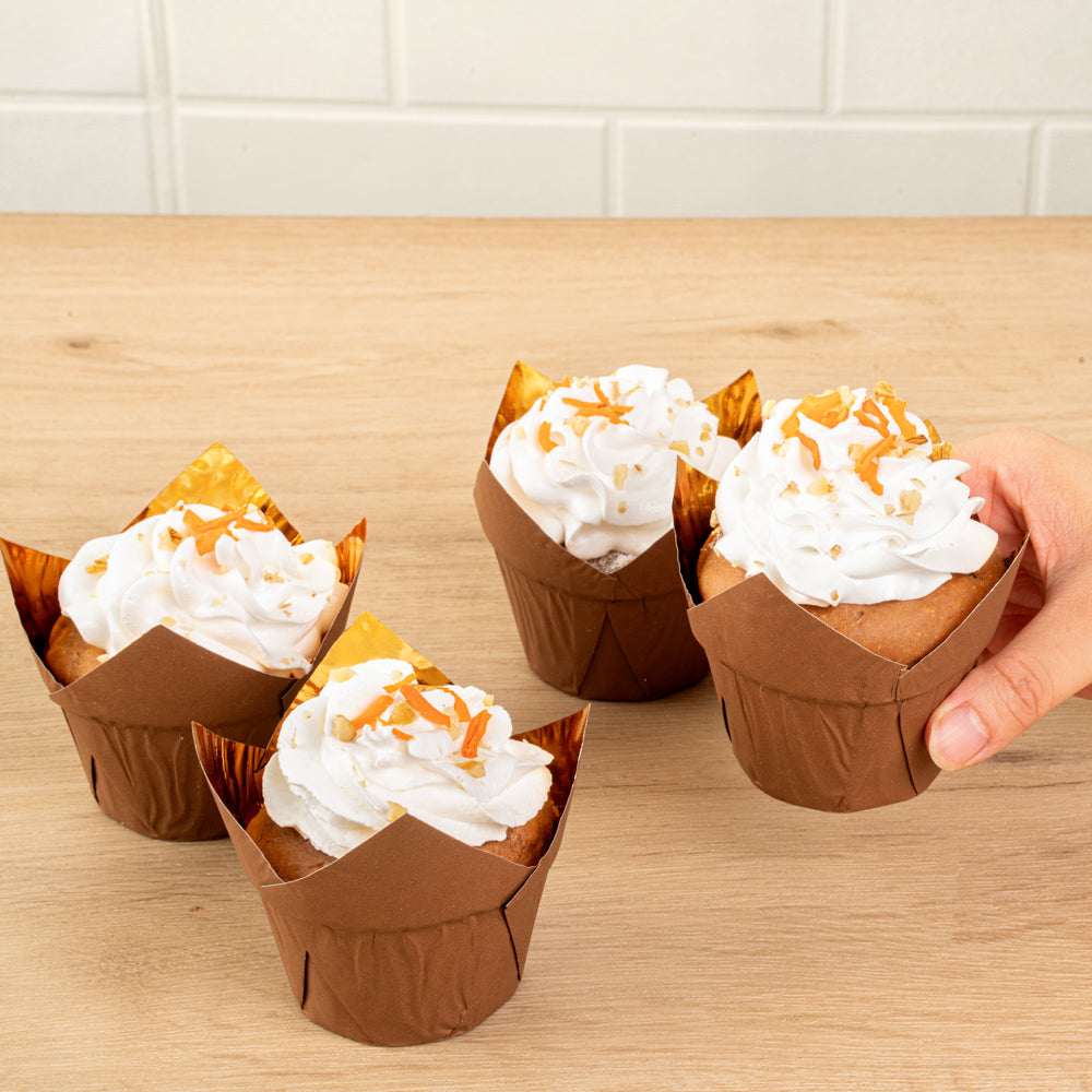 Panificio 3.9 oz Brown Foil Paper Tulip Baking Cup - 3 1/4" x 3 1/4" x 2 3/4" - 50 count box