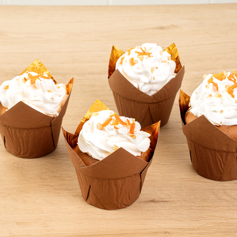 Panificio 3.9 oz Brown Foil Paper Tulip Baking Cup - 3 1/4" x 3 1/4" x 2 3/4" - 50 count box