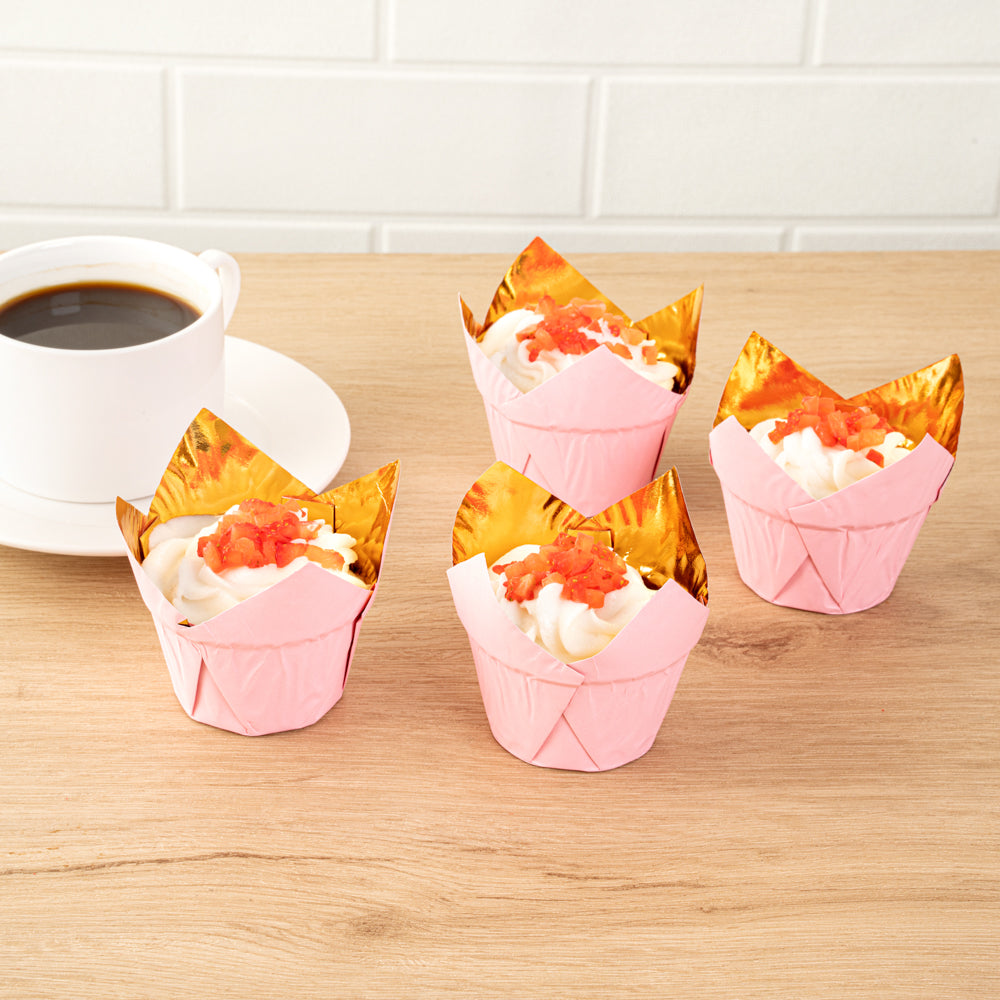 Panificio 3.9 oz Pink Foil Paper Tulip Baking Cup - 3 1/4" x 3 1/4" x 2 3/4" - 500 count box