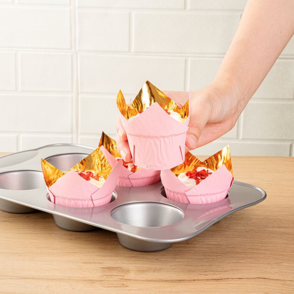 Panificio 3.9 oz Pink Foil Paper Tulip Baking Cup - 3 1/4" x 3 1/4" x 2 3/4" - 500 count box
