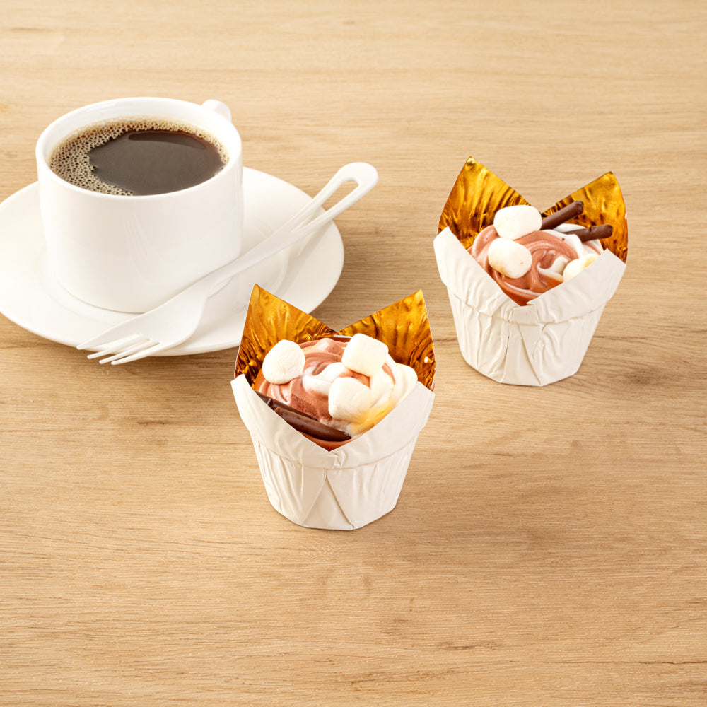 Panificio 3.9 oz White Foil Paper Tulip Baking Cup - 3 1/4" x 3 1/4" x 2 3/4" - 50 count box