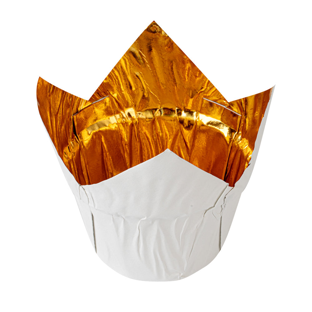 Panificio 3.9 oz White Foil Paper Tulip Baking Cup - 3 1/4" x 3 1/4" x 2 3/4" - 50 count box
