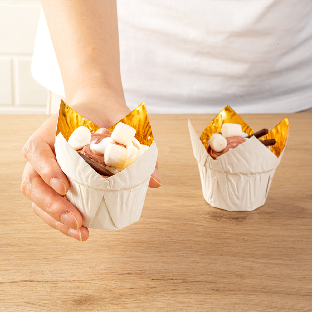 Panificio 3.9 oz White Foil Paper Tulip Baking Cup - 3 1/4" x 3 1/4" x 2 3/4" - 50 count box