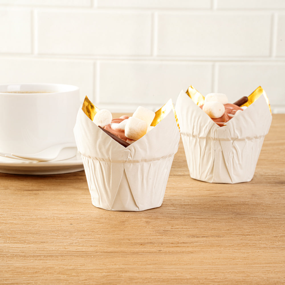 Panificio 3.9 oz White Foil Paper Tulip Baking Cup - 3 1/4" x 3 1/4" x 2 3/4" - 50 count box