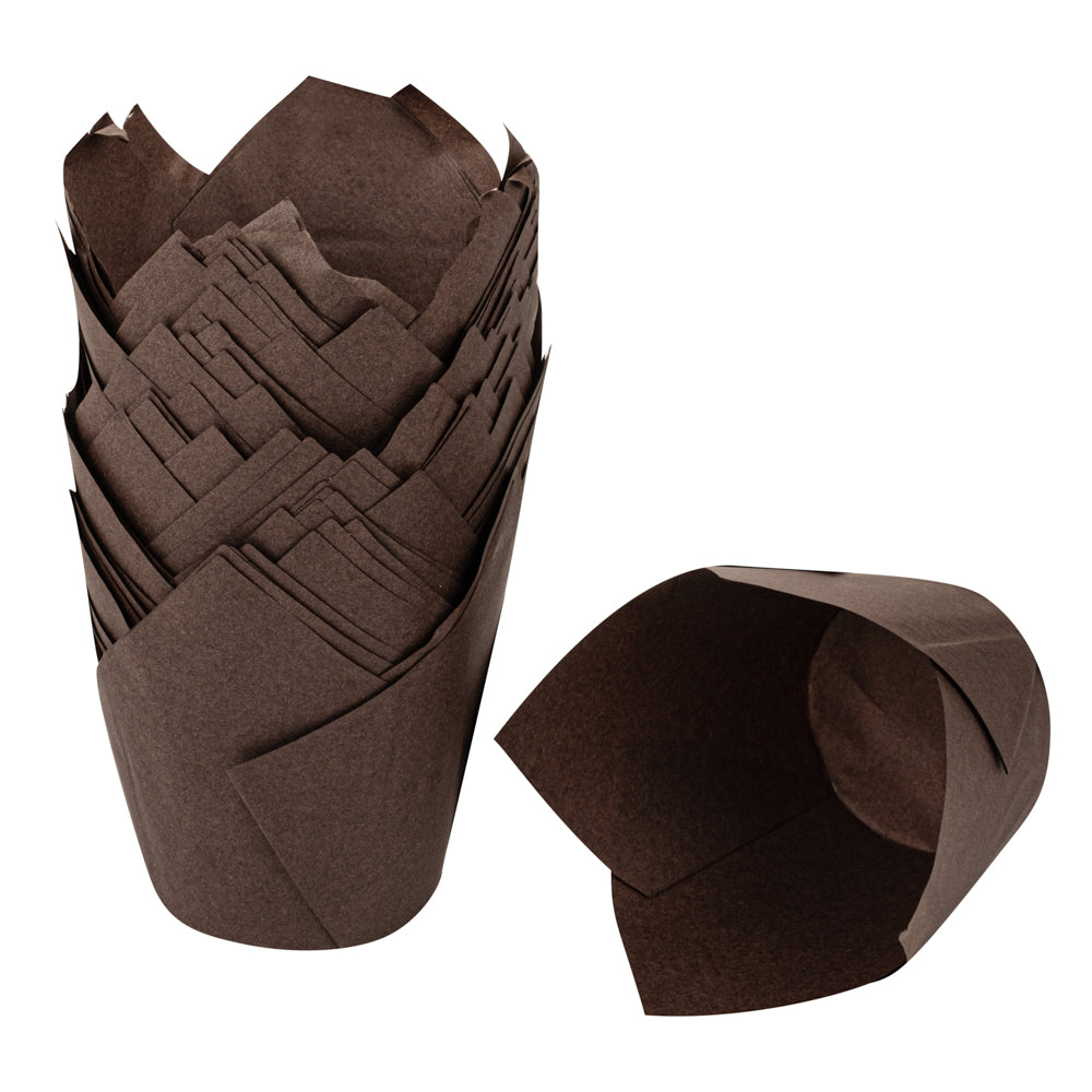 Panificio 3.5 oz Brown Paper Tulip Baking Cup - Greaseproof - 3 1/4" x 3 1/4" x 3 1/4" - 50 count box