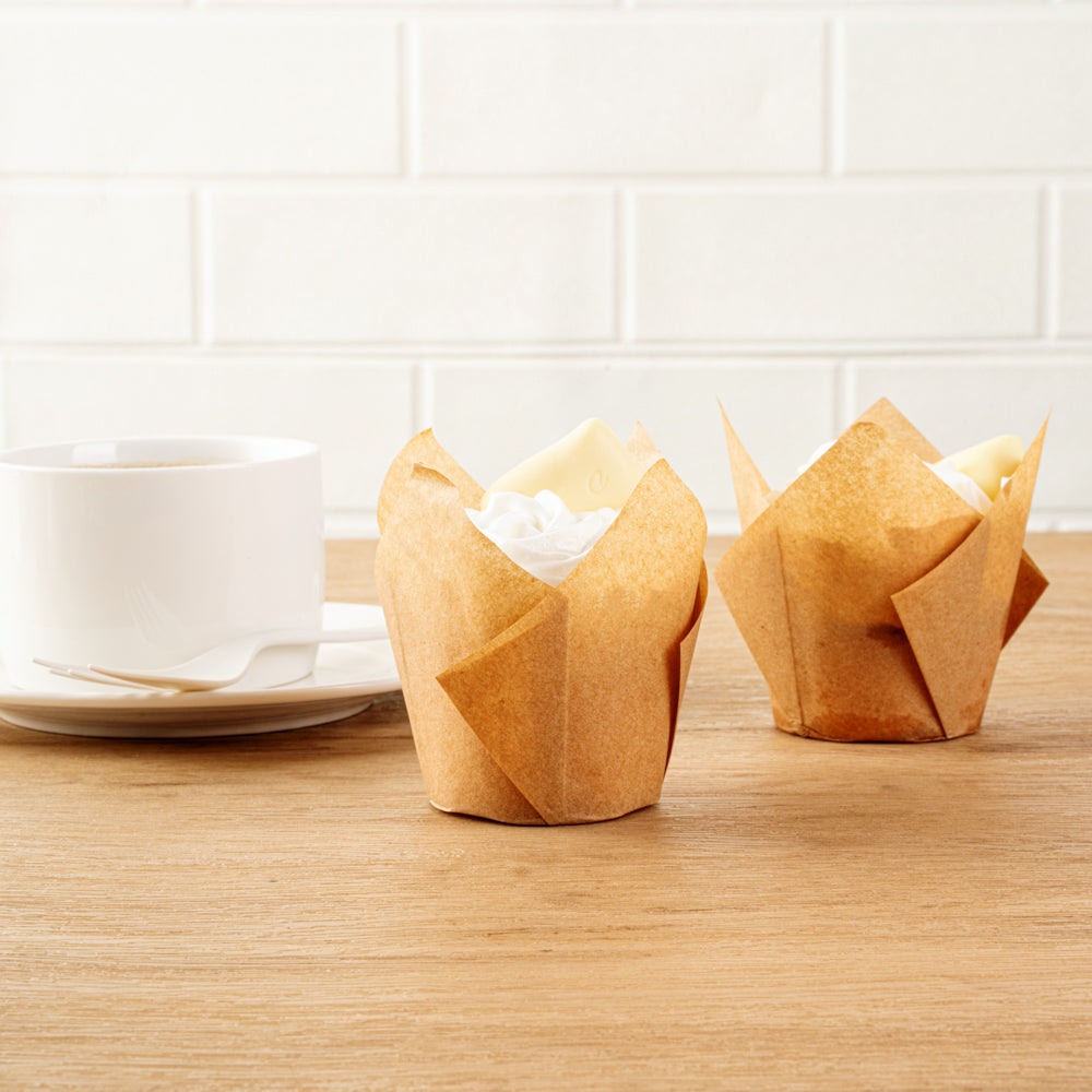 Panificio 3.5 oz Kraft Paper Tulip Baking Cup - Greaseproof - 3 1/4" x 3 1/4" x 3 1/4" - 50 count box