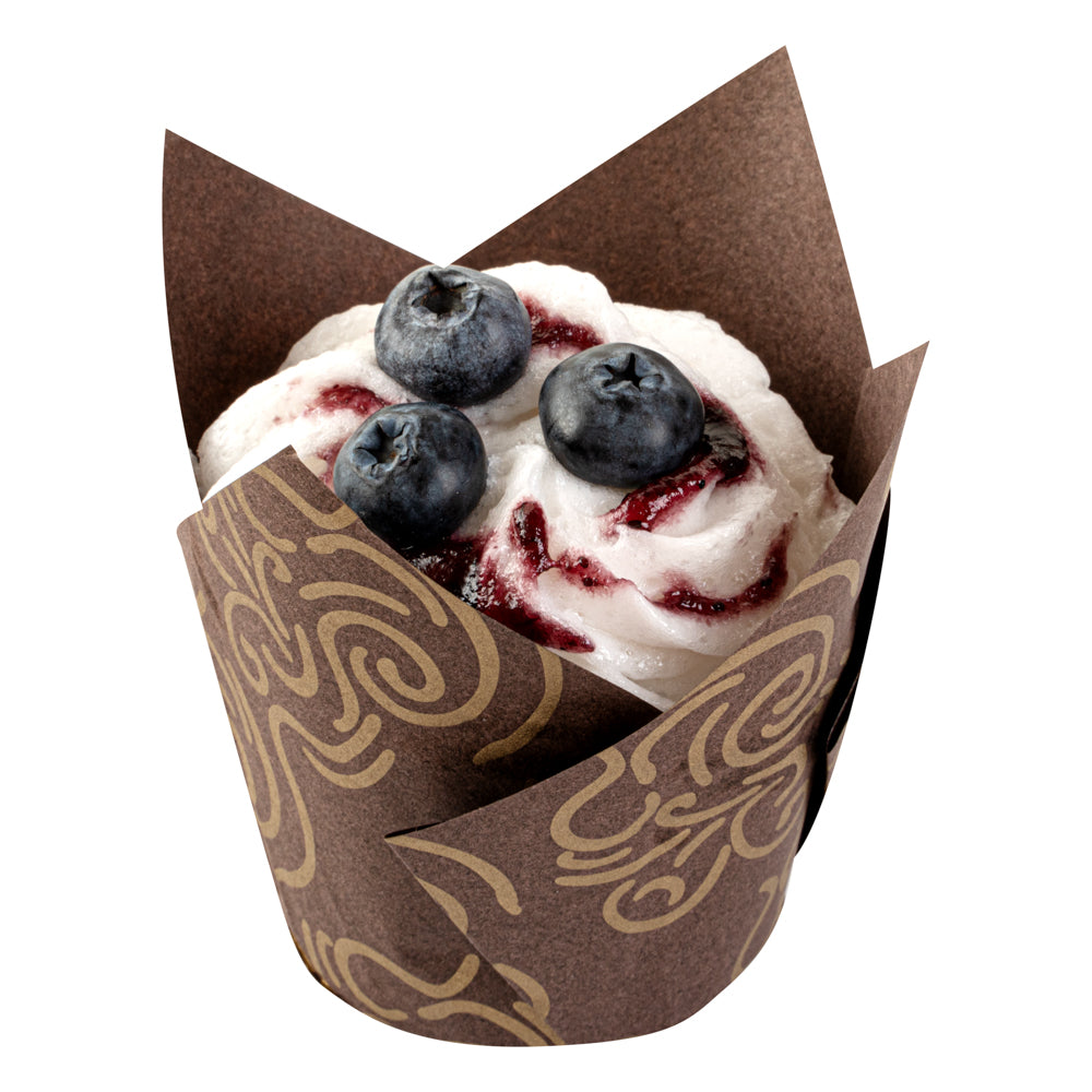 Panificio 3.5 oz Brown Paper Floral Tulip Baking Cup - Greaseproof - 3 1/4" x 3 1/4" x 3 1/4" - 50 count box