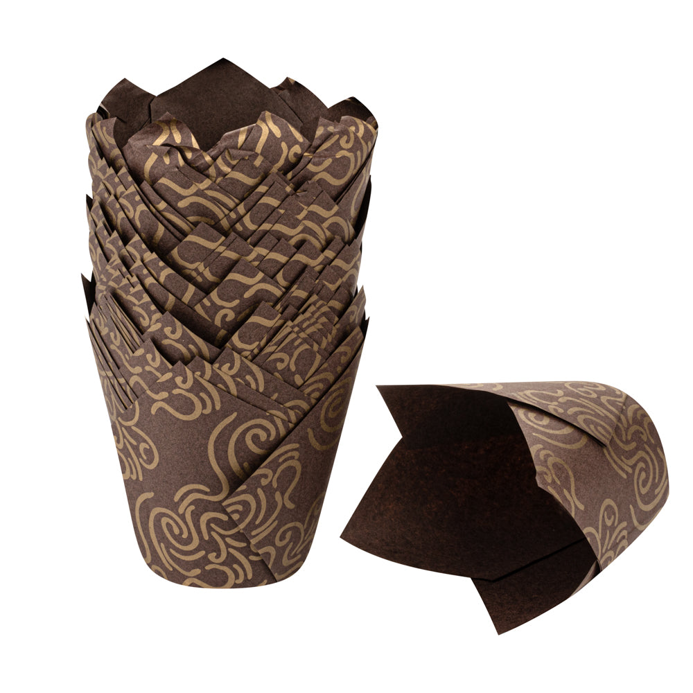 Panificio 3.5 oz Brown Paper Floral Tulip Baking Cup - Greaseproof - 3 1/4" x 3 1/4" x 3 1/4" - 50 count box