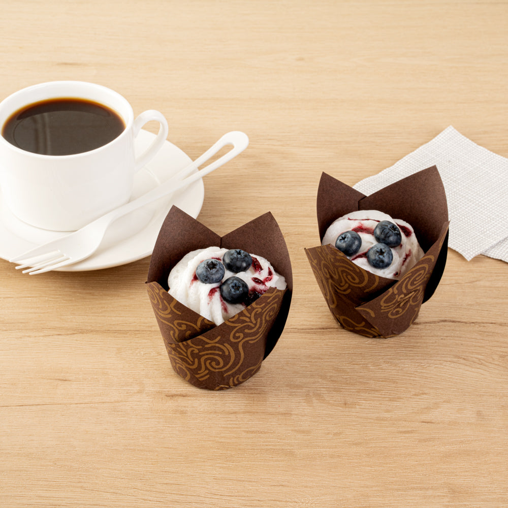 Panificio 3.5 oz Brown Paper Floral Tulip Baking Cup - Greaseproof - 3 1/4" x 3 1/4" x 3 1/4" - 50 count box