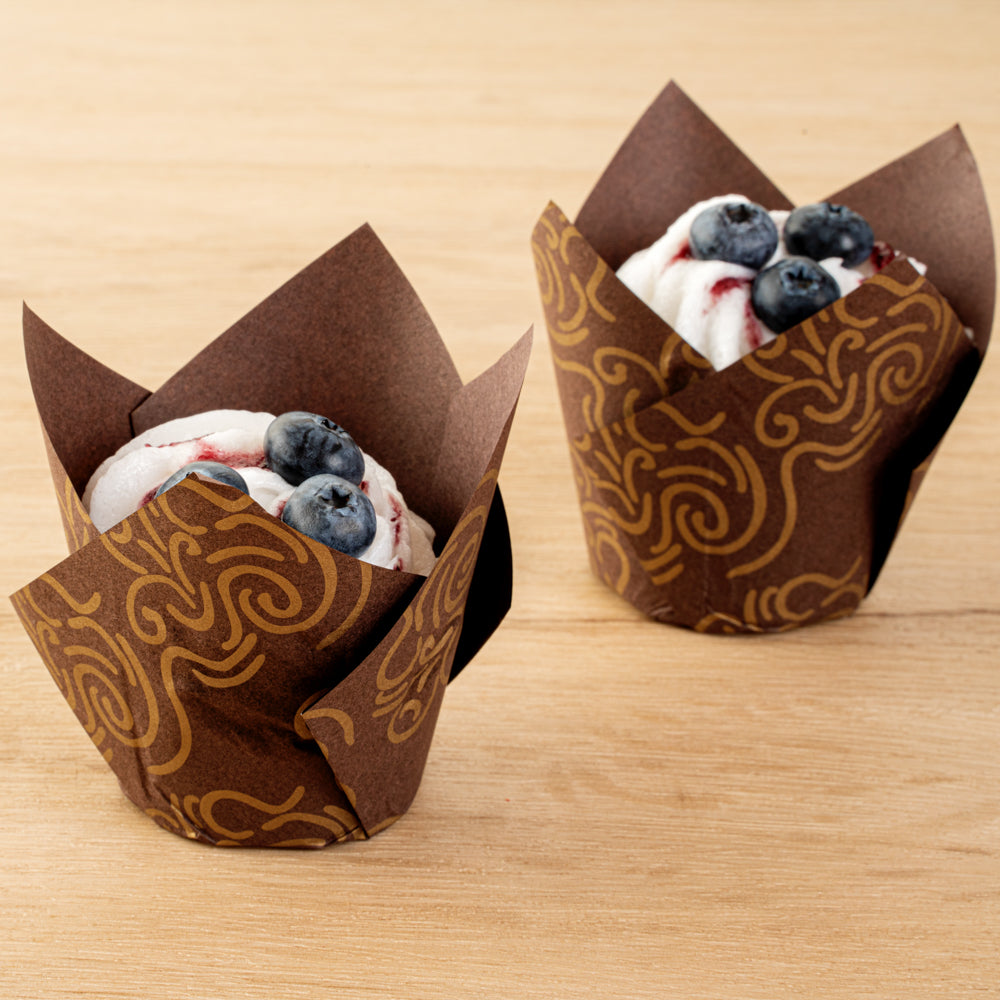 Panificio 3.5 oz Brown Paper Floral Tulip Baking Cup - Greaseproof - 3 1/4" x 3 1/4" x 3 1/4" - 50 count box