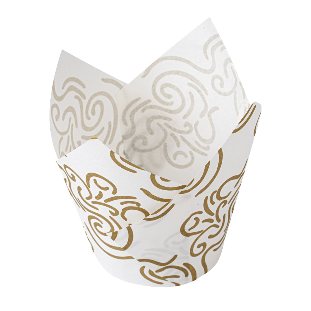 Panificio 3.5 oz White Paper Floral Tulip Baking Cup - Greaseproof - 3 1/4" x 3 1/4" x 3 1/4" - 50 count box