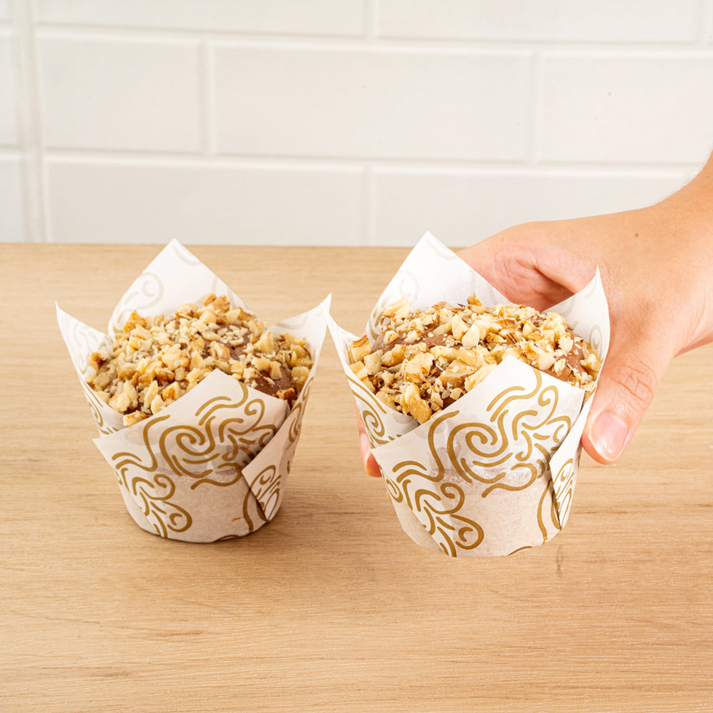 Panificio 3.5 oz White Paper Floral Tulip Baking Cup - Greaseproof - 3 1/4" x 3 1/4" x 3 1/4" - 50 count box