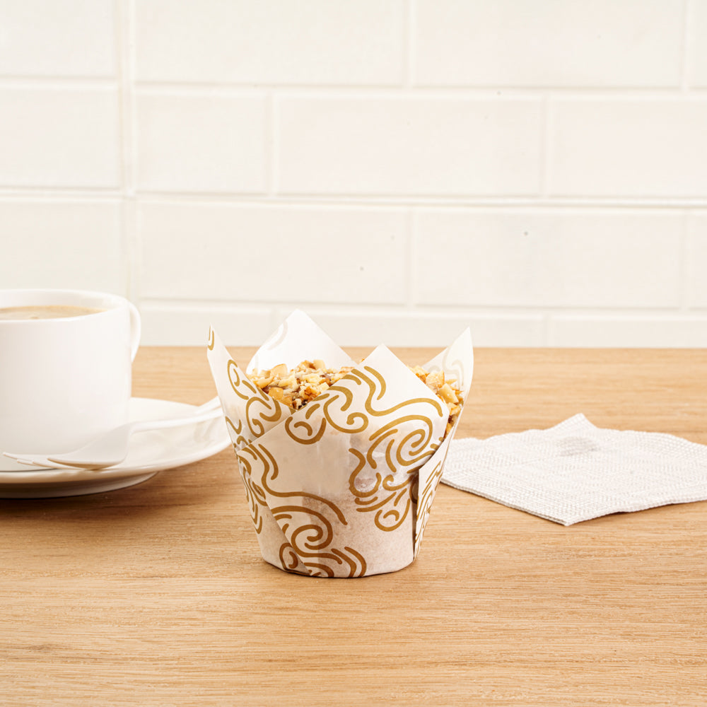 Panificio 3.5 oz White Paper Floral Tulip Baking Cup - Greaseproof - 3 1/4" x 3 1/4" x 3 1/4" - 50 count box