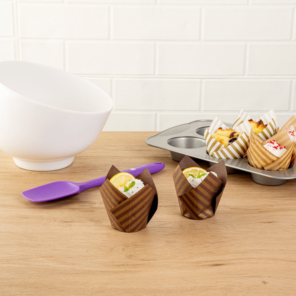 Panificio 3.5 oz Brown Paper Striped Tulip Baking Cup - Greaseproof - 3 1/4" x 3 1/4" x 3 1/4" - 50 count box