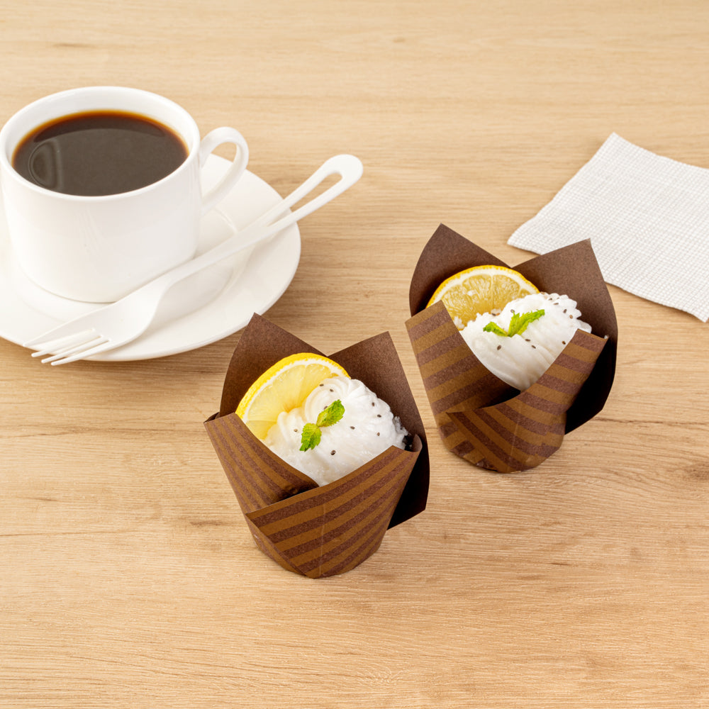 Panificio 3.5 oz Brown Paper Striped Tulip Baking Cup - Greaseproof - 3 1/4" x 3 1/4" x 3 1/4" - 50 count box
