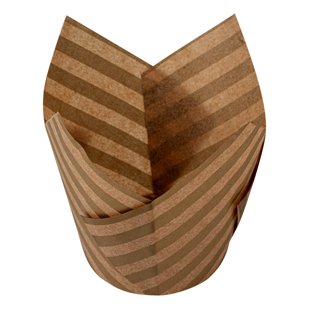 Panificio 3.5 oz Kraft Paper Striped Tulip Baking Cup - Greaseproof - 3 1/4" x 3 1/4" x 3 1/4" - 50 count box
