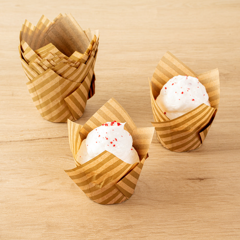 Panificio 3.5 oz Kraft Paper Striped Tulip Baking Cup - Greaseproof - 3 1/4" x 3 1/4" x 3 1/4" - 50 count box