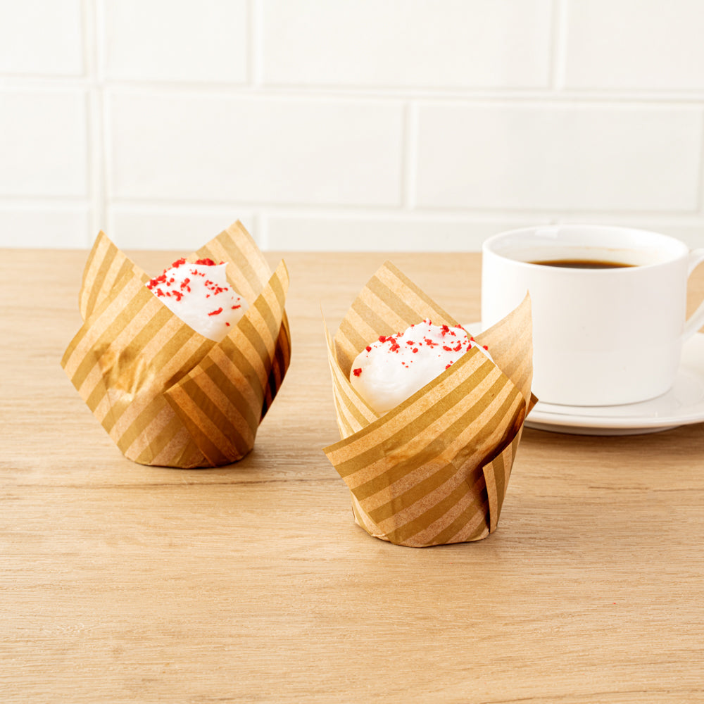 Panificio 3.5 oz Kraft Paper Striped Tulip Baking Cup - Greaseproof - 3 1/4" x 3 1/4" x 3 1/4" - 50 count box