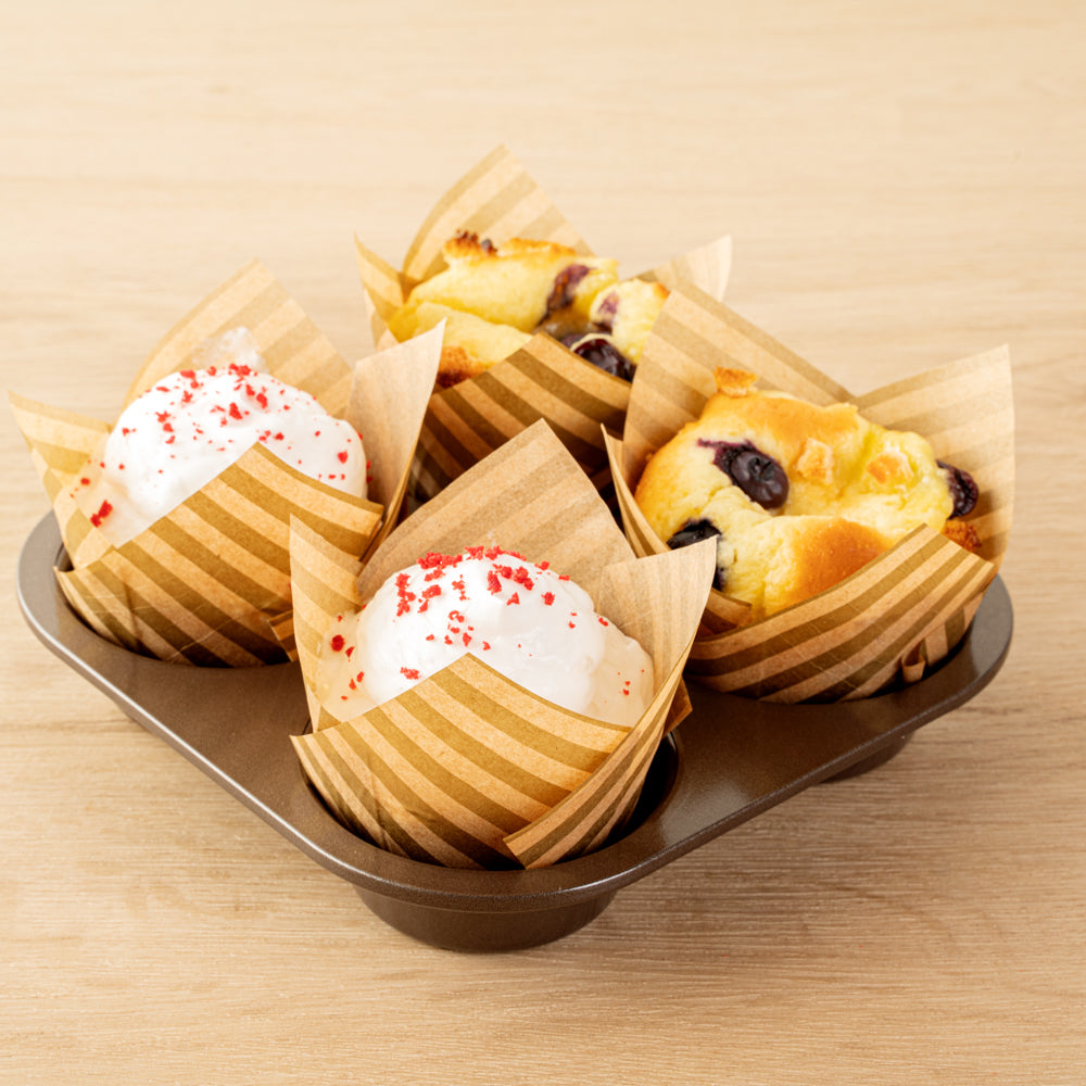 Panificio 3.5 oz Kraft Paper Striped Tulip Baking Cup - Greaseproof - 3 1/4" x 3 1/4" x 3 1/4" - 50 count box