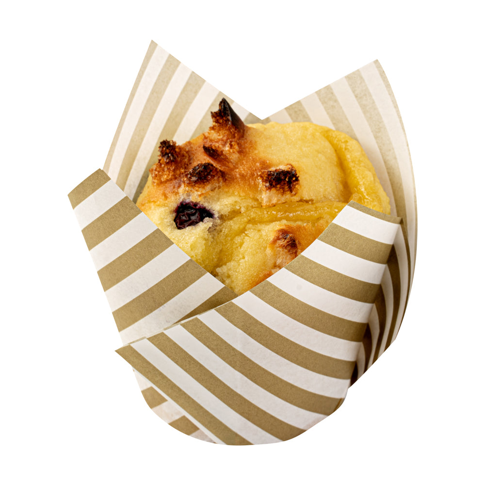 Panificio 3.5 oz White Paper Striped Tulip Baking Cup - Greaseproof - 3 1/4" x 3 1/4" x 3 1/4" - 50 count box