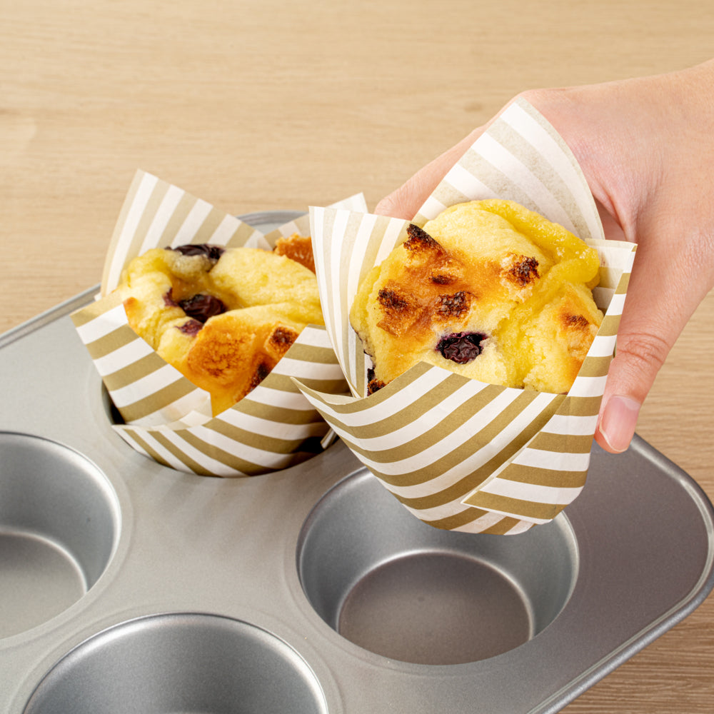 Panificio 3.5 oz White Paper Striped Tulip Baking Cup - Greaseproof - 3 1/4" x 3 1/4" x 3 1/4" - 50 count box