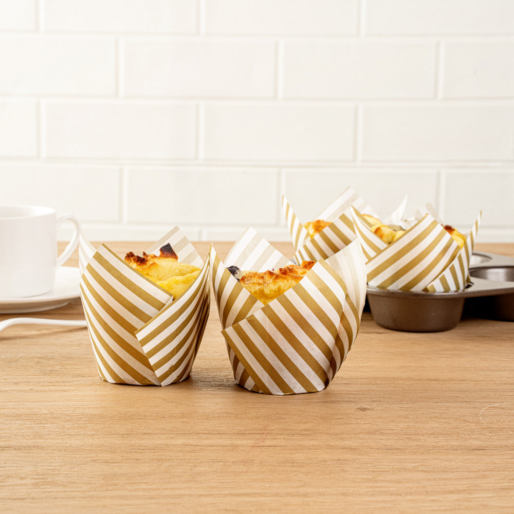 Panificio 3.5 oz White Paper Striped Tulip Baking Cup - Greaseproof - 3 1/4" x 3 1/4" x 3 1/4" - 50 count box