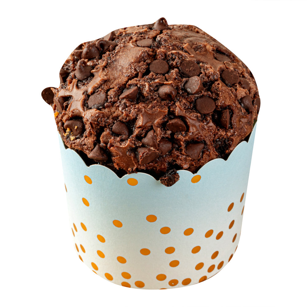 Panificio 4.5 oz Blue Paper Scalloped Baking Cup - Gold Polka Dots - 2 3/4" x 2 3/4" x 2" - 50 count box