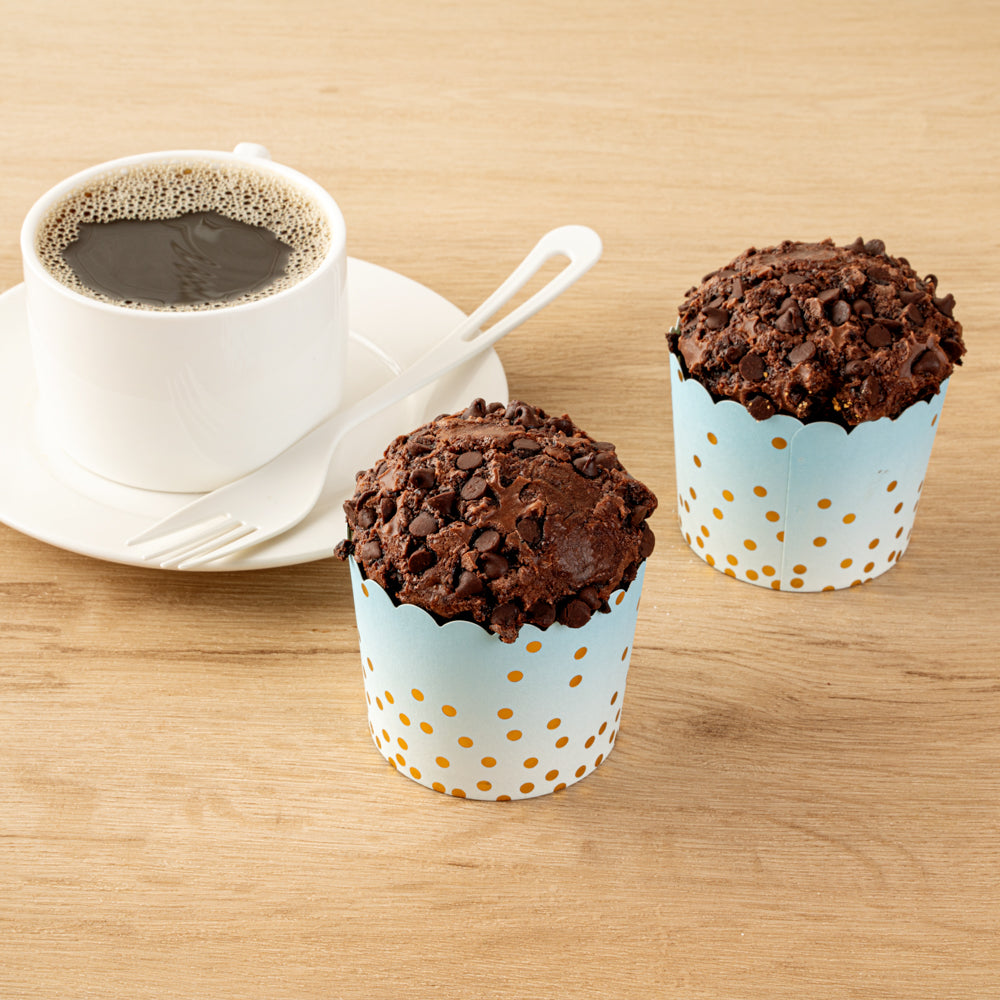 Panificio 4.5 oz Blue Paper Scalloped Baking Cup - Gold Polka Dots - 2 3/4" x 2 3/4" x 2" - 50 count box