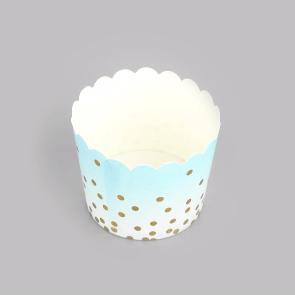 Panificio 4.5 oz Blue Paper Scalloped Baking Cup - Gold Polka Dots - 2 3/4" x 2 3/4" x 2" - 50 count box