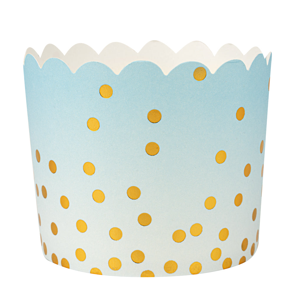 Panificio 4.5 oz Blue Paper Scalloped Baking Cup - Gold Polka Dots - 2 3/4" x 2 3/4" x 2" - 500 count box