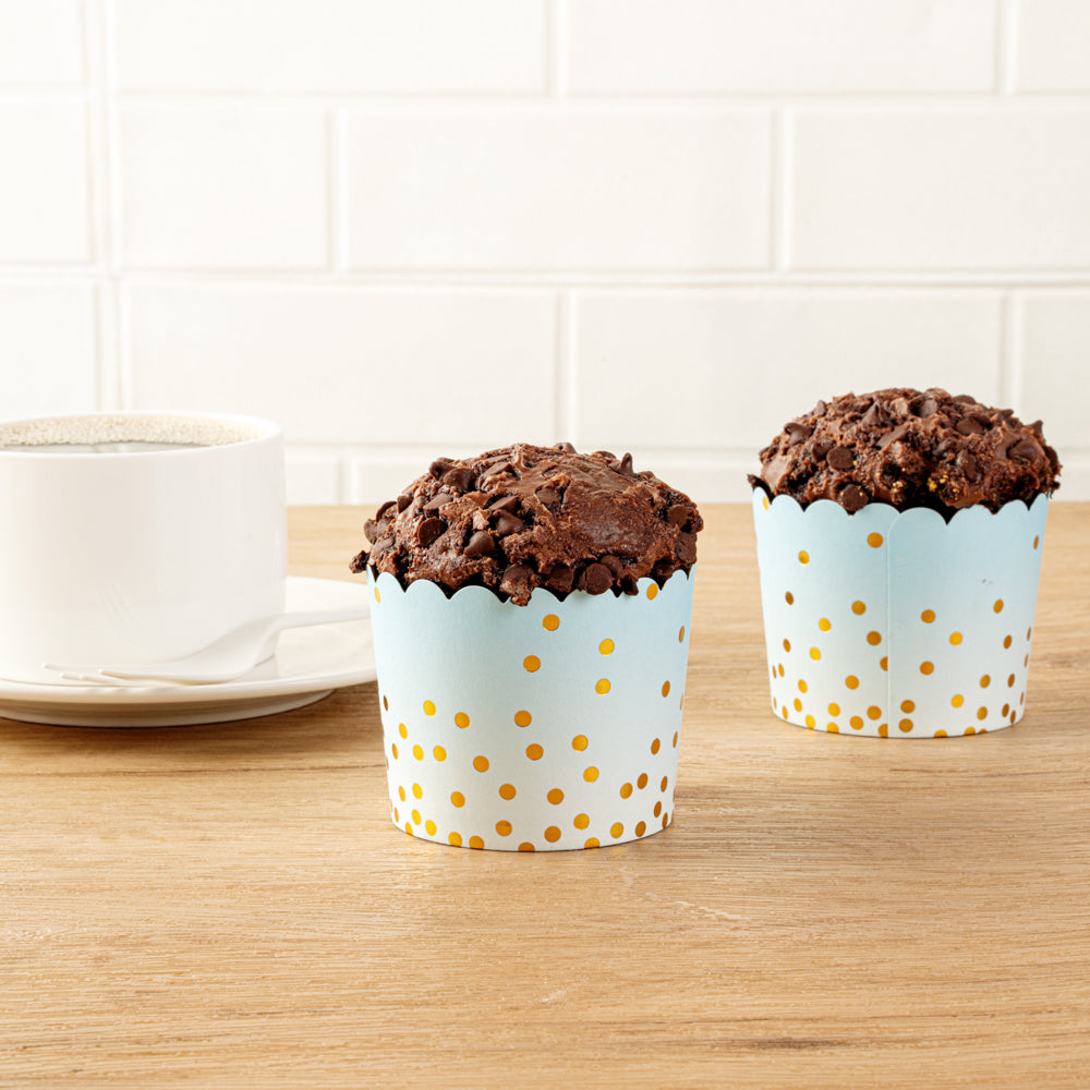 Panificio 4.5 oz Blue Paper Scalloped Baking Cup - Gold Polka Dots - 2 3/4" x 2 3/4" x 2" - 500 count box