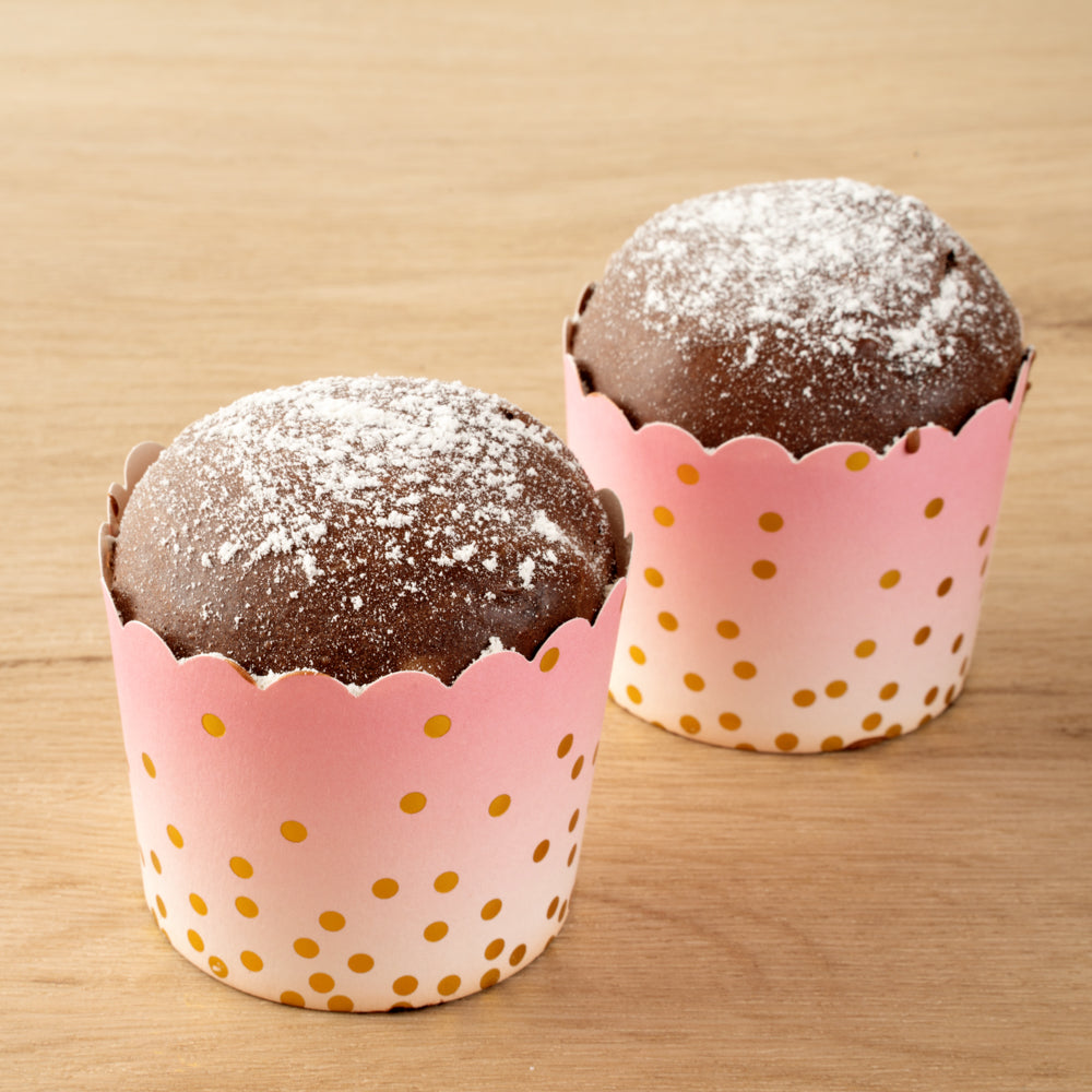 Panificio 4.5 oz Pink Paper Scalloped Baking Cup - Gold Polka Dots - 2 3/4" x 2 3/4" x 2" - 50 count box