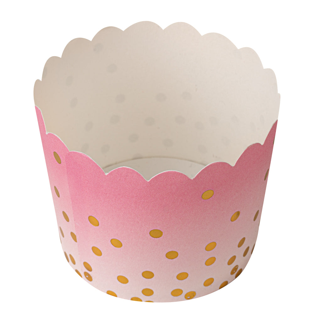 Panificio 4.5 oz Pink Paper Scalloped Baking Cup - Gold Polka Dots - 2 3/4" x 2 3/4" x 2" - 500 count box