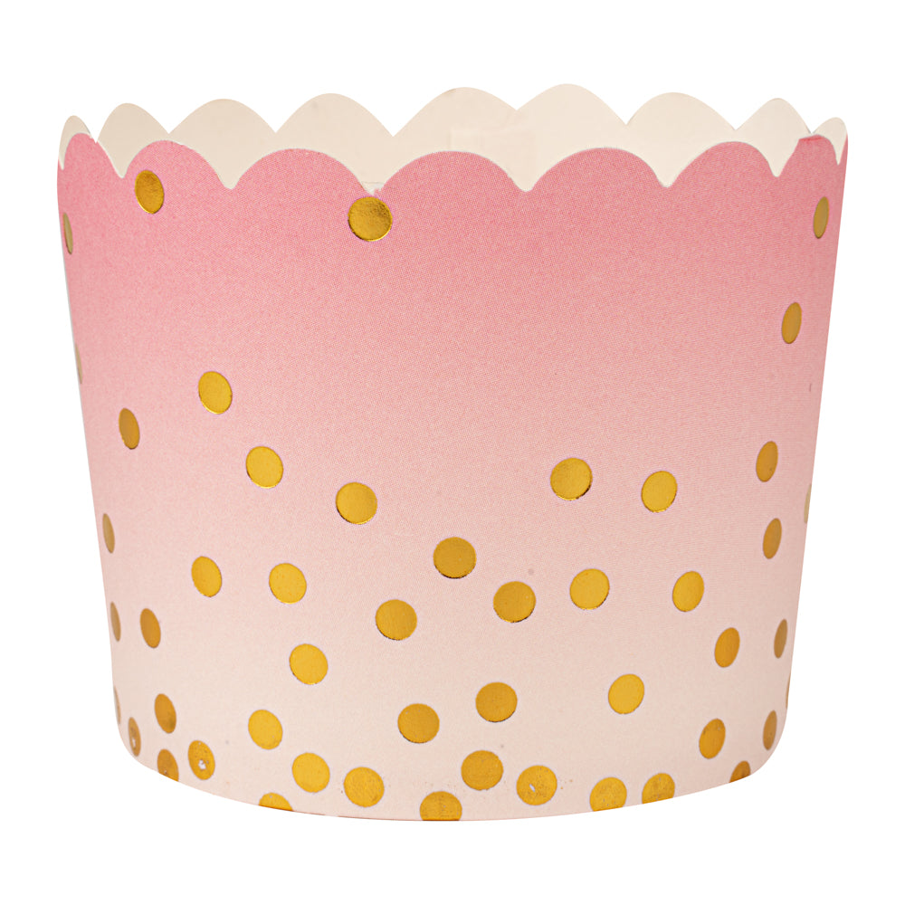 Panificio 4.5 oz Pink Paper Scalloped Baking Cup - Gold Polka Dots - 2 3/4" x 2 3/4" x 2" - 500 count box