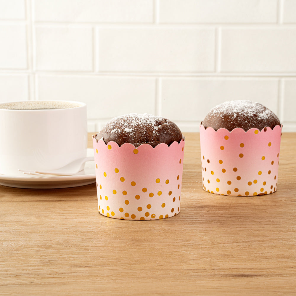 Panificio 4.5 oz Pink Paper Scalloped Baking Cup - Gold Polka Dots - 2 3/4" x 2 3/4" x 2" - 500 count box